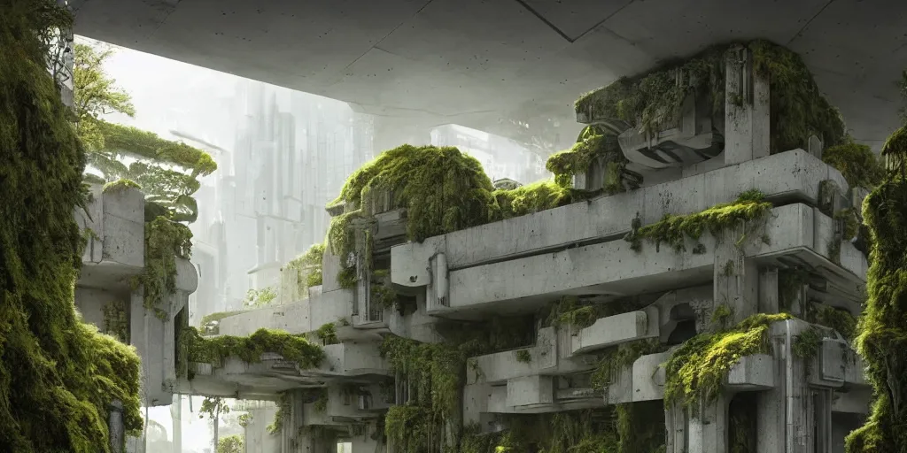 Prompt: concrete architecture with moss and ivy growing all over, futuristic, late afternoon light, dramatic sky, by frank lloyd wright and greg rutkowski and ruan jia