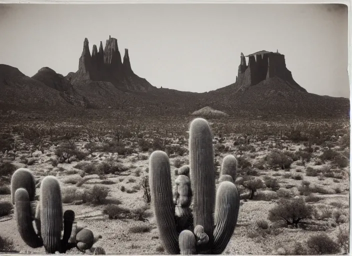 Image similar to Distant view of a huge cathedral mesa with cactus in the foreground, albumen silver print by Timothy H. O'Sullivan.