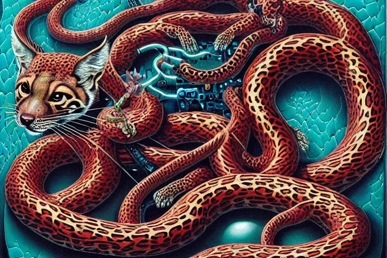 Prompt: a detailed painting of a cyberpunk magick ferret with occult futuristic effigy beautiful lynx fur that is a adorable leopard atomic latent snakes in between cybernetic ferret biomorphic of a molecular hallucinations in the style of escher, alex grey, stephen gammell inspired by realism, symbolism, magical realism and dark fantasy, crisp, vivid,