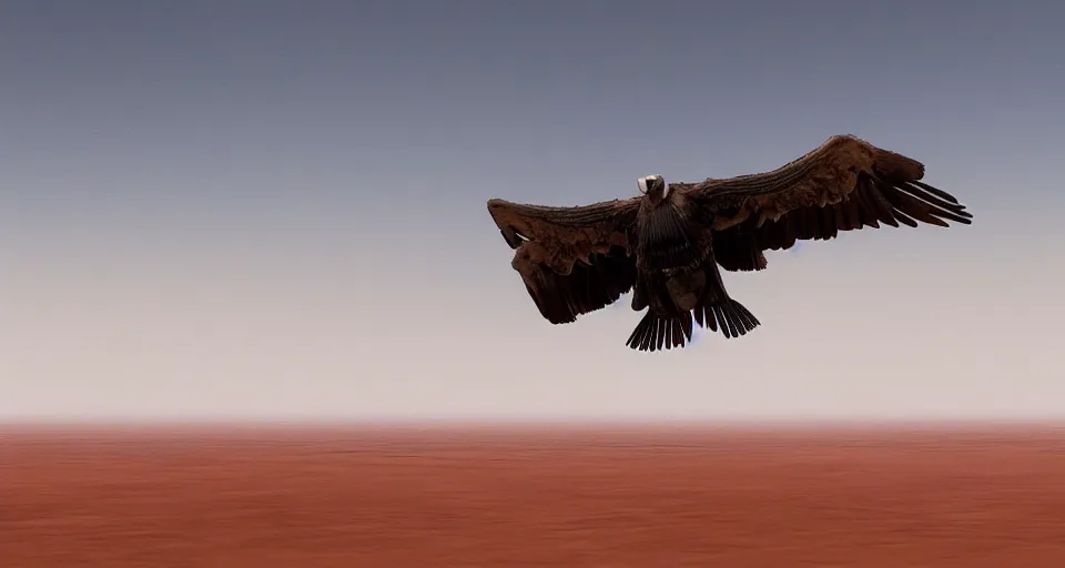 Image similar to a vulture flying over an empty desert, artstation, cgsociety