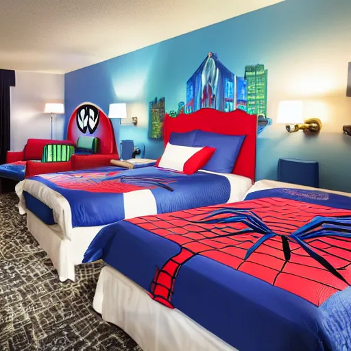 Image similar to photography of theme park hotel room themed to spider - man motif. bed has spider - man blankets. wall has spider - man pattern. furniture has spider - man motif. furniture is shaped like spider - man furniture. carpet has spider - man motif. lighting has spider - man film shapes