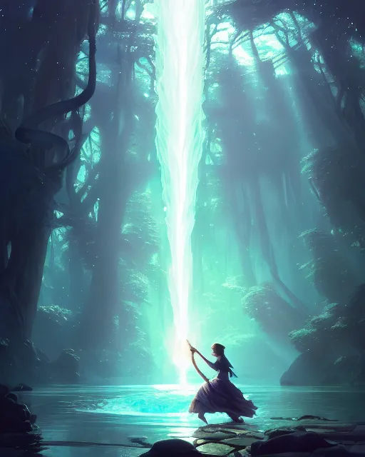 Image similar to highly detailed vfx portrait of a mage casting a water spell, unreal engine, greg rutkowski, loish, rhads, beeple, makoto shinkai and lois van baarle, ilya kuvshinov, rossdraws, tom bagshaw, alphonse mucha, global illumination, detailed and intricate environment