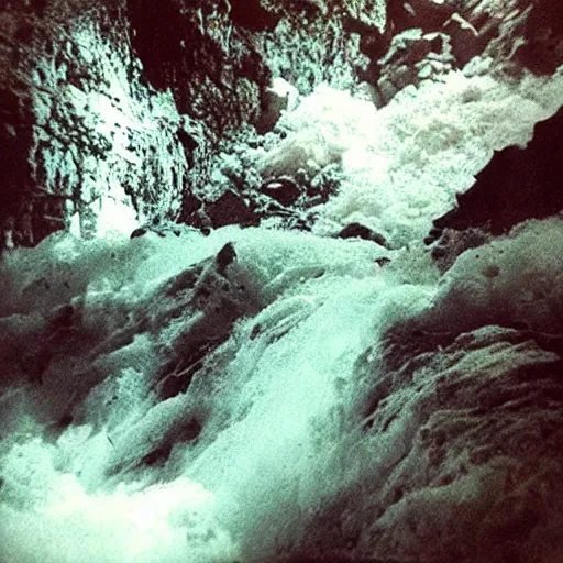 Image similar to a cave with a rushing wave of water, creepy, eerie, unsettling, terrifying, jagged rocks, dark, grainy, noisy, slightly blurry, polaroid, deep!!!!!, dark!!!