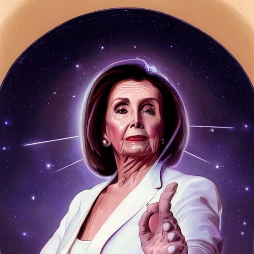 Image similar to Nancy Pelosi is a alien princess, white body dress, dramatic, open arms, cinematic lighting, intricate, elegant, highly detailed, digital painting, artstation, sharp focus, illustration, art by artgerm and greg rutkowski and alphonse mucha and Wayne Barlowe and william-adolphe bouguereau