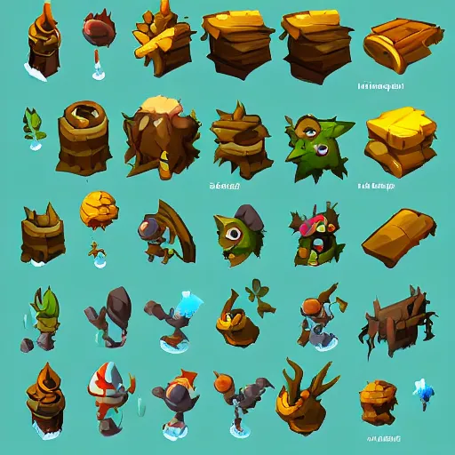 Prompt: A game assets spritesheet from dofus Online, Ori and the blind forest and mobile. HD vector Containing modular props, terrain, trees, 2d side view, platform, vector art, very detailed