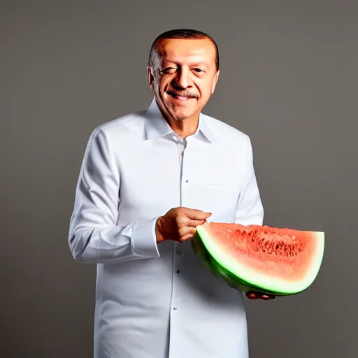 Image similar to recep tayyip erdogan smiling holding watermelon, studio photograph, hd, studio