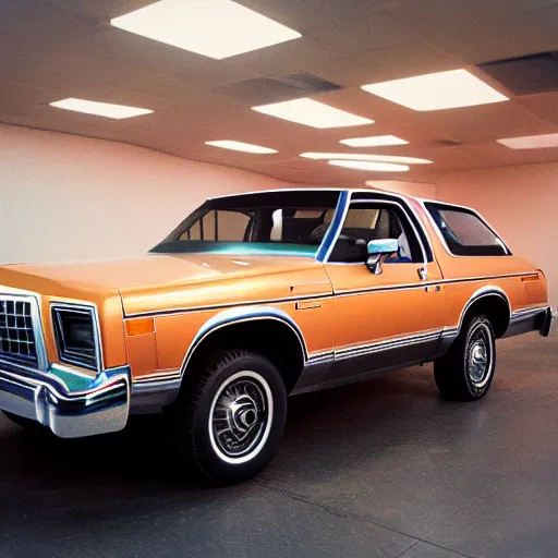 Image similar to 1979 Ford Thunderbird Bronco, inside of an auto dealership, ektachrome photograph, volumetric lighting, f8 aperture, cinematic Eastman 5384 film