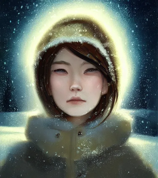 Image similar to face portrait of a beautiful girl in a coat, close portrait, snow - covered small house in a background, night, stars in the sky, the milky way in the sky, winter landscape, painting by craig mullins, octane rendering, wide angle lens, in the style of hayao miyazaki, trending on artstation,