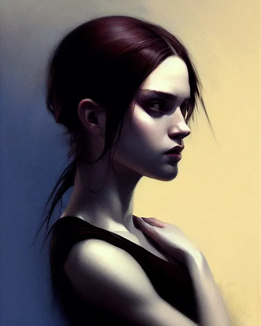 Prompt: stylized portrait of an artistic pose, composition, dark mysterious young lady, cinematic moody colors, one single head, realistic shaded, fine details, realistic shaded lighting poster by ilya kuvshinov, magali villeneuve, artgerm, jeremy lipkin and michael garmash and rob rey