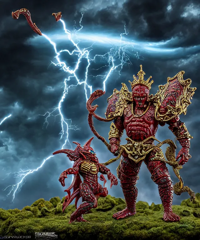 Image similar to hyperrealistic rendering, epic boss battle, ornate supreme demon overlord, jewel crown, battle armor, by art of skinner and richard corben and jeff easley, product photography, action figure, sofubi, storm clouds, outside, lightning