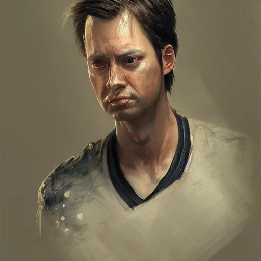 Image similar to hyper realistic, portrait of dwight shrute, ethnicity : japanese, painted by greg rutkowski, wlop, loish,