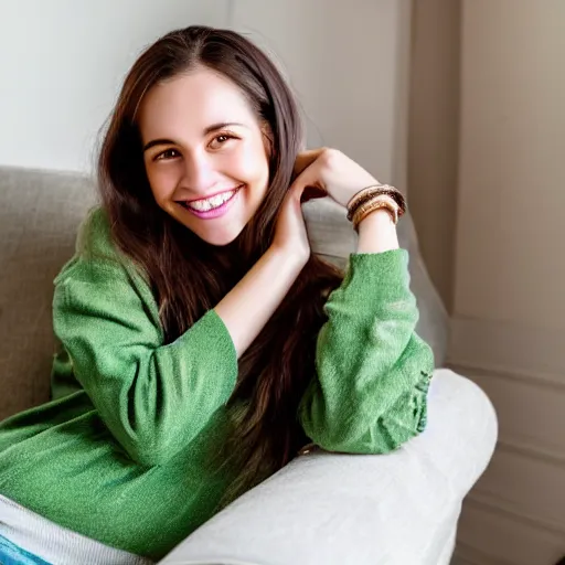 Image similar to a cute young woman smiling, long shiny bronze brown hair, full round face, green eyes, medium skin tone, light cute freckles, smiling softly, wearing casual clothing, relaxing on a modern couch, interior lighting, cozy living room background, medium shot, mid-shot, soft focus