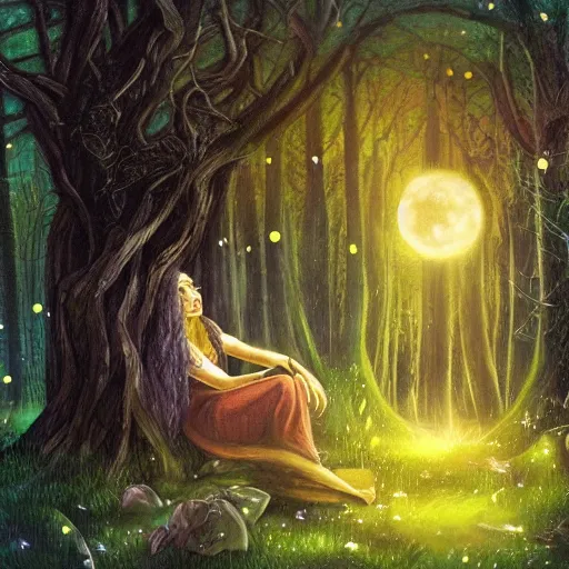 Image similar to female druid casting spells in an enchanted forest, fireflies, moonlight. fantasy art.