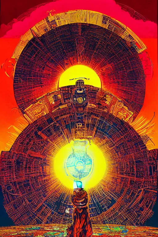 Prompt: a painting of a blazing geometric sun above a giant robotic monk, detailed, 4 k, by stanley donwood philippe druillet and victo ngai,