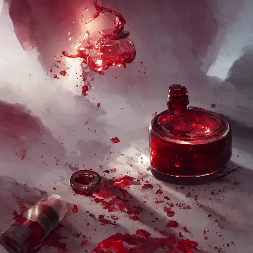 Image similar to a beautiful painting illustration of a health potion, scratched vial, crimson, by greg rutkowski, featured on artstation, rpg item