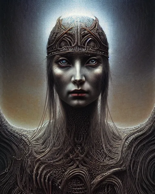 Prompt: a 3/4 view of a Norse goddess highly detailed, digital art, in the style of Ayami Kojima, Zdzislaw Beksinski, H. R. Giger