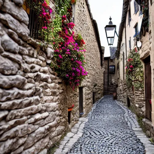 Prompt: Cobblestone walkway through a medieval street with flowers in the windows of the stone buildings on either side