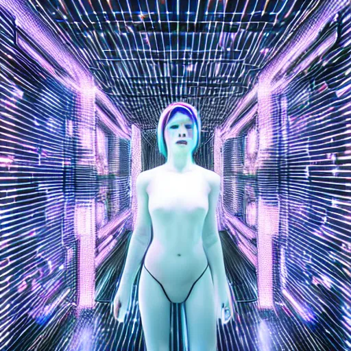 Image similar to chromatic cyborg female discovering her own consciousness in a mirror maze (Unreal Engine, 3D, Reflections, Glossy, Hyer-Realistic, Futuristic, Noise, Gradient)