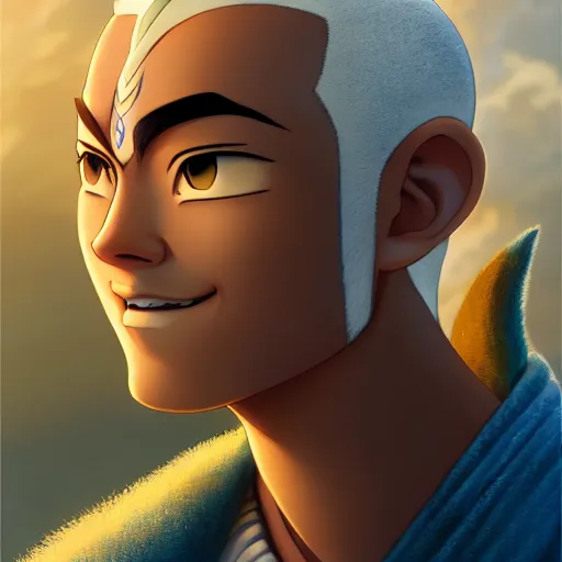 Image similar to beautiful serene intricate portrait of sokka from avatar the last airbender, smiling softly, relaxing on the beach, golden hour, soft focus, 8 k, art by irakli nadar, hyperrealism, hyperdetailed, ultra realistic