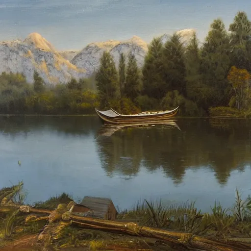 Prompt: an ornate oil painting of an old blue rowing boat at the side of a still lake with the reflection of the trees and mountains visible in the water and a large house barely visible in the distance on the opposite side of the water through a gap in the trees