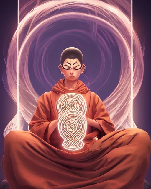 Image similar to a monk floating while meditating and wrapped in sacred scrolls, smooth, intricate, elegant, digital painting, artstation, power runes, pulsing energy, concept art, sharp focus, octane render, illustration, art by shintaro kago and josan gonzalez, overwatch character,