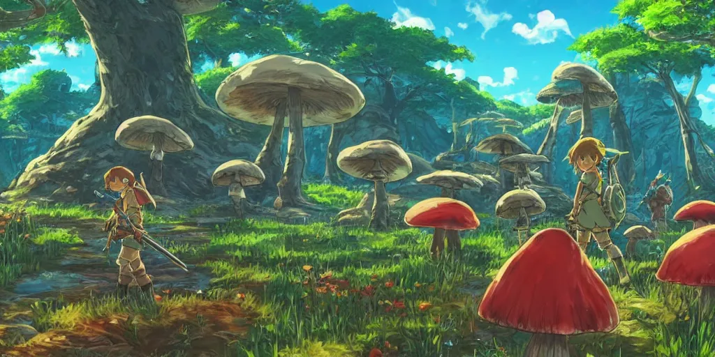 Prompt: epic mushrooms, vivid tones, wide angle, by miyazaki, nausicaa, studio ghibli, breath of the wild