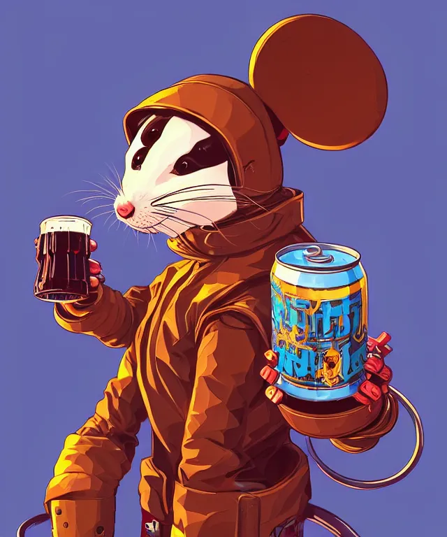 Image similar to a portrait of an anthropomorphic cyberpunk mouse holding a can of beer, cyberpunk!, fantasy, elegant, digital painting, artstation, concept art, matte, sharp focus, illustration, art by josan gonzalez