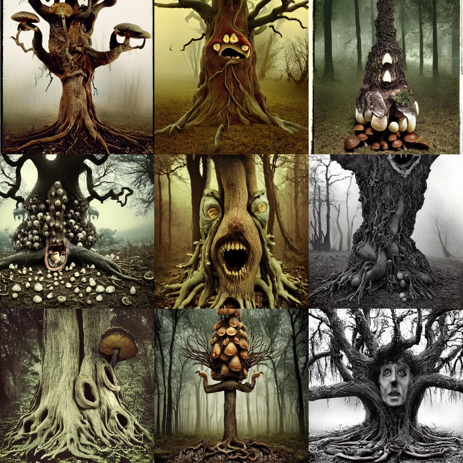 Prompt: a terrifying hungry angry treebeard oak tree savagely stuffing a mushroom family into its gaping maw, dark fantasy horror, tortured face made of wood, oak tree ent, liminal, foggy, shot on expired kodak film