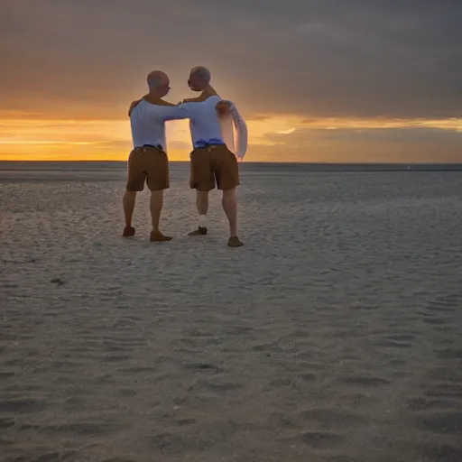 Prompt: vintage gay couple at the beach, nostalgic photography, sunset