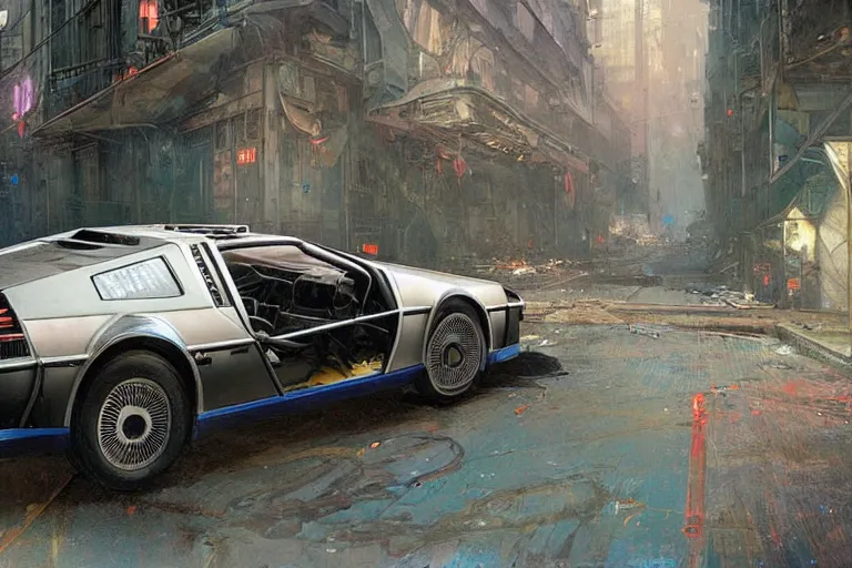 Image similar to photograph of the delorean, with a sleek spoiler, driving down the streets of a cyberpunk abandoned city, by greg rutkowski, by stanley artgerm, by alphonse mucha