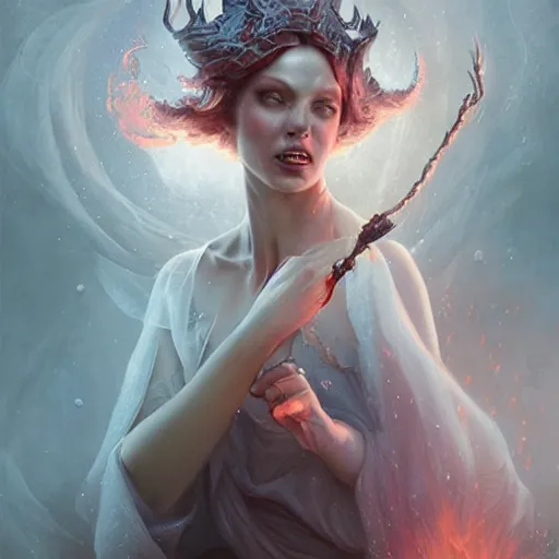 Prompt: freezing sorceress throwing a fire spell, surrealistic digital oil painting by jparked, gilles beloeil, tom bagshaw, feng zhu, tom bagshaw, concept art, intricate, detailed