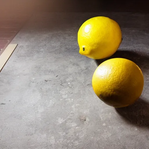 Prompt: a lemon next to a bowling ball