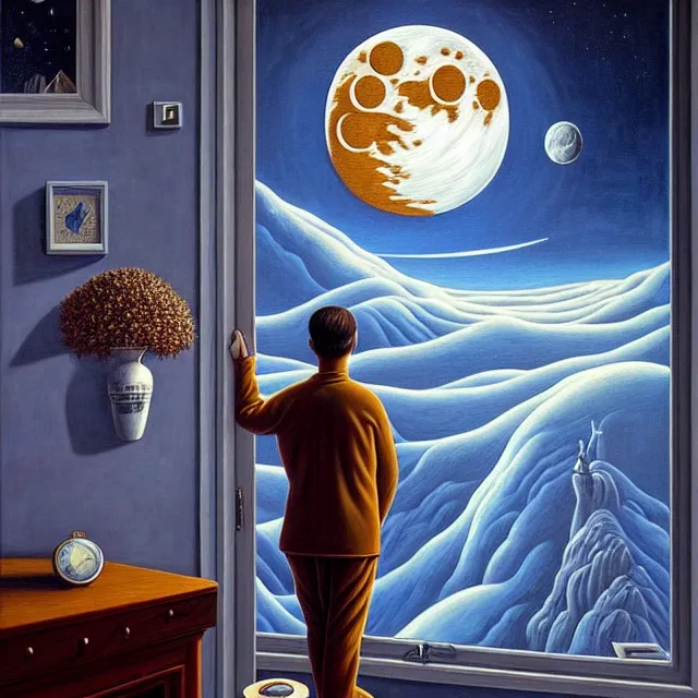 Prompt: an oil on canvas portrait of a man waking up and the moon is shining in through the window, surrealism, surrealist, lovecraftian, cosmic horror, rob gonsalves, high detail