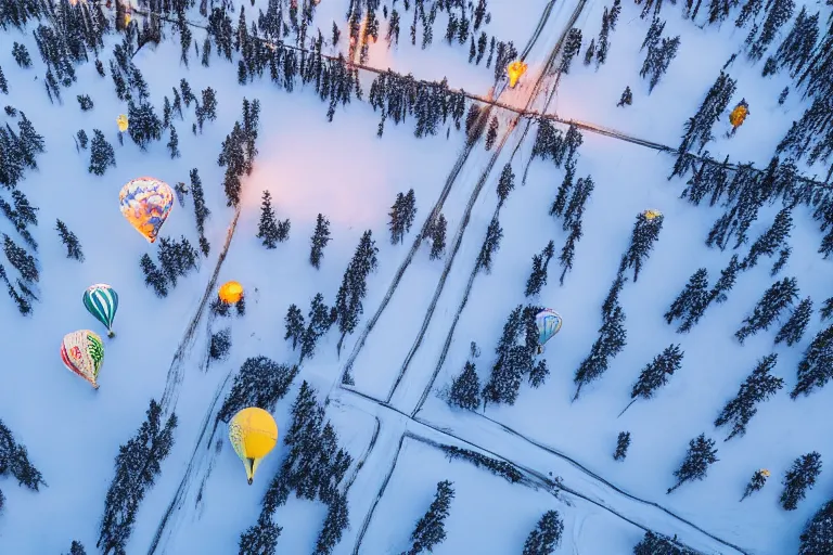 Image similar to aerial photography, lapland, hot air balloons, dusk