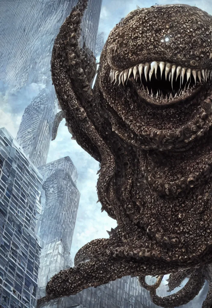 Image similar to A giant Kraken-like multi-eyed monster jumped up with its jaws on a high-rise office building and is eating it, extremely high detail, ultra realistic, photorealism, 8k