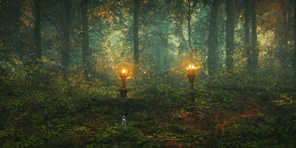 Prompt: a close shot to a mysterious relic in the middle of the forest, night, fireflies unreal engine 5, depth of field, rule of thirds, contest winner, cgsociety, brilliant colors, colorful