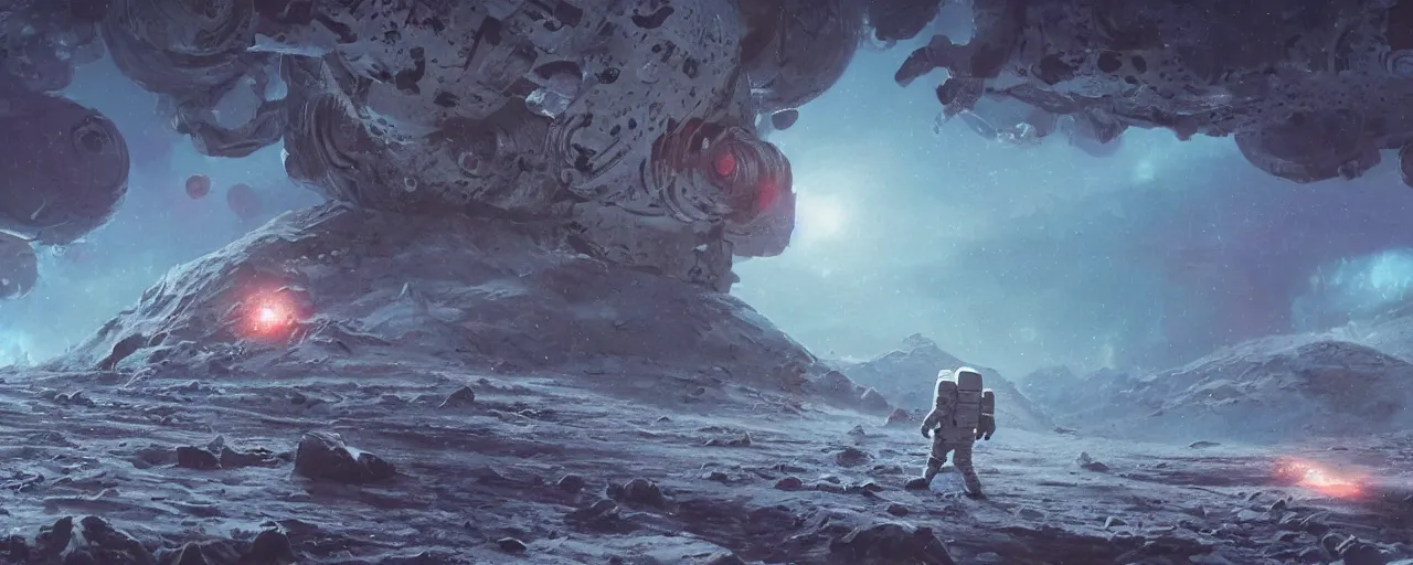 Image similar to lone astronaut exploring outer planet covered with ice, art by paul lehr, cinematic, detailed, epic, widescreen, opening, establishing, matte painting, photorealistic, realistic textures, octane render