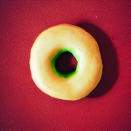 Image similar to Perfectly circular donut!!!!! in the style and shape of a tomato!!!!!!, blended colors!!!!!, trending on artstation, 4k, 8k, professional photography, overhead shot, 35mm lens