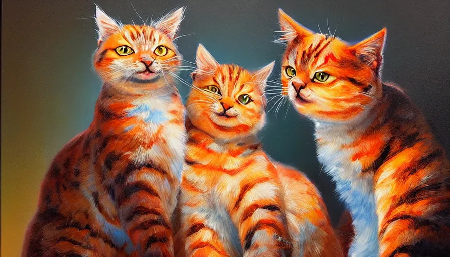 Image similar to highly detailed contemporary acrylic painting of really tall sitting cats by justin gerard, thick brush strokes and visible paint layers, vivid multicolor scheme