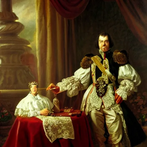 Image similar to russian tsar Peter The Great in holland camisole, clean-shaven 18th century installs operating system on desktop computer oil painting, detailed, artfully traced, 4k resolution, cinematic, dramatic by FYODOR ROKOTOV AND THOMAS GAINSBOROUGH