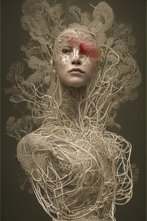 Image similar to a melancholic realistic 8k Sculpture of a complex robotic human face, liquid simulation, dramatic lighting, silver gold red details, hexagonal mesh wire, filigree intricate details, cinematic, fleshy musculature, white blossoms, elegant, octane render, art nouveau, 8k post-processing, intricate artwork by peter mohrbacher