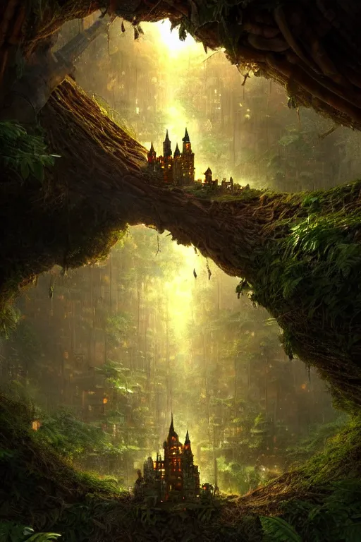 Image similar to a miniature city built into the trunk of a single colossal tree in the forest, with tiny people, in the style of craig mullins, lit windows, close - up, low angle, wide angle, awe - inspiring, highly detailed digital art