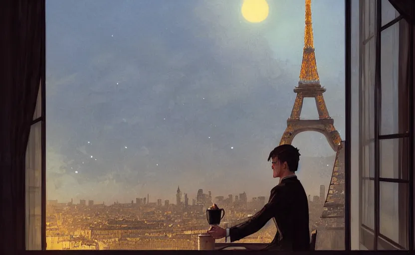 Prompt: elegant man drinking coffee at balcony in france, city with eiffel tower seen behind, late night sunset, city living, detailed characters, by greg rutkowski, alphonse mucha, beeple, sharp focus, digital art, smooth, light refraction, pixiv art, volumetric lighting, makoto shinkai