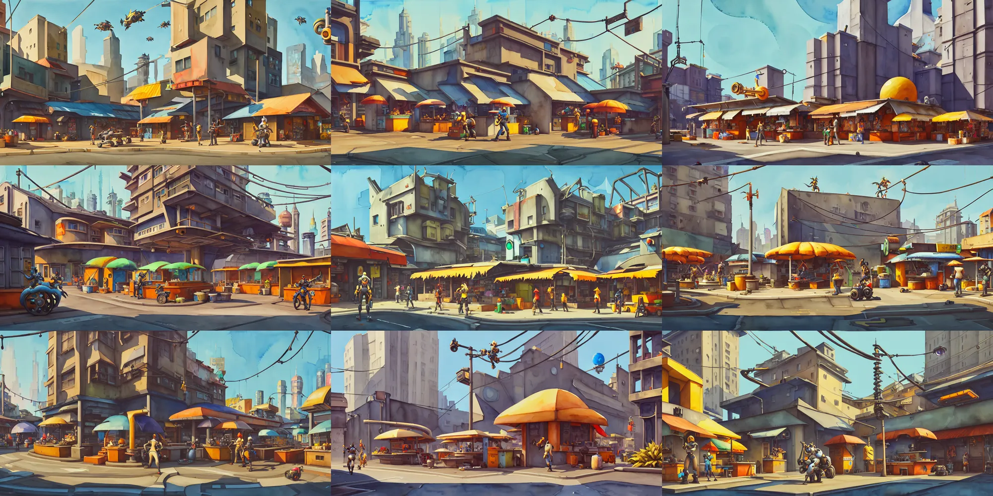 Prompt: overwatch building, stylized, exterior, architecture, in watercolor gouache detailed paintings, insanely detail, artstation, 8 k, futuristic, big medium small, arcane, simon stalenhag, food stall, interesting shapes & form, golden ratio, hard surface, props, fish market, street, slums, basquiat