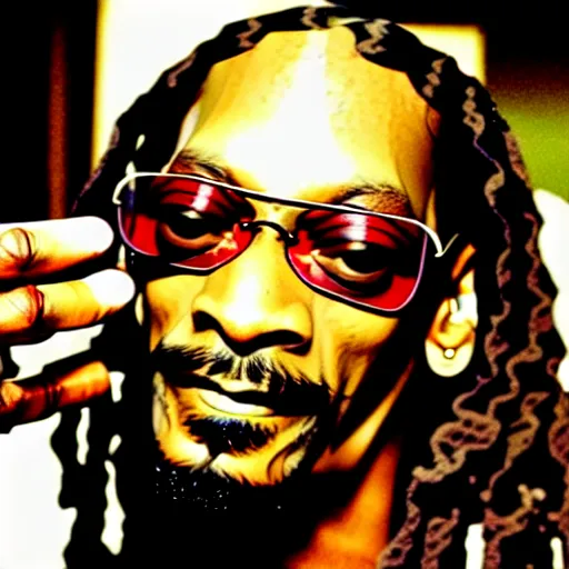 Image similar to Snoop Dog with big eyes eye color red , smiling and holding a joint in his hand