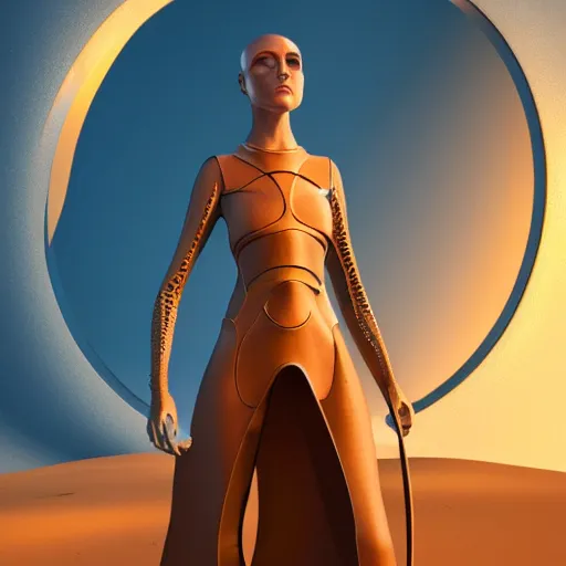 Image similar to dune movie inspired avant-garde art, deco fashion, highly detailed, photorealistic portrait, bright studio setting, studio lighting, crisp quality and light reflections, unreal engine 5 quality render