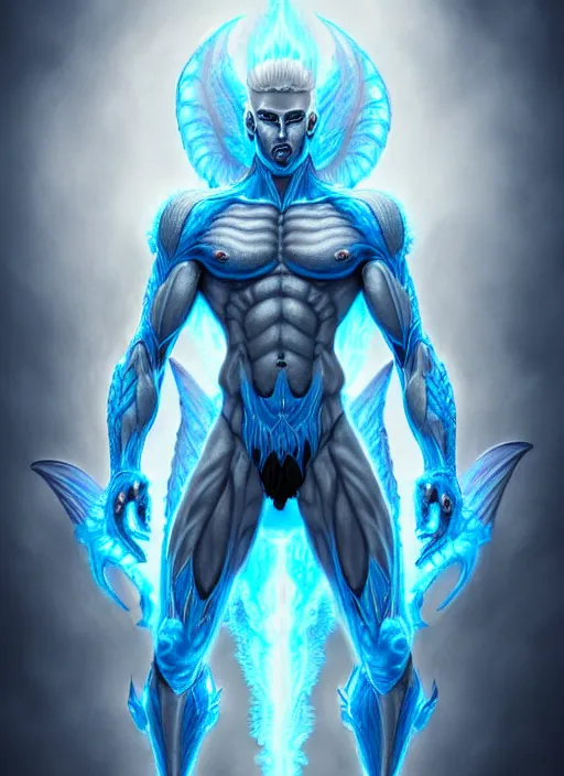 Image similar to muscular and tall blue ghostly fire humanoid dragon!!!! draconian!! intricate ornate iridescent exoesqueleton!! character concept art, sharp focus, octane render! unreal engine 5! highly rendered!! trending on artstation!! detailed linework!! illustration by artgerm, wlop, and chie yoshii