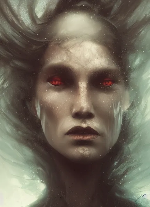 Prompt: a close up portrait of a creepy sea witch with dark turbulent skies, photorealistic, by jessica rossier, 4 k resolution