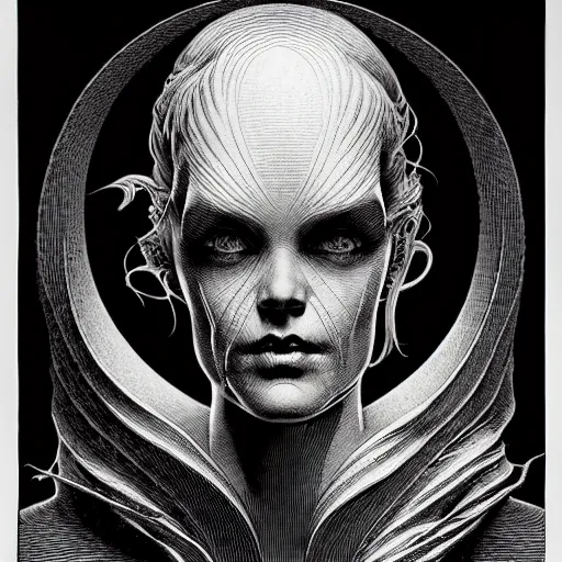 Image similar to portrait soft light, by bernie wrightson and joe fenton, inspired victorian sci - fi, etching, fine, sharp high detail, duotone screen print,