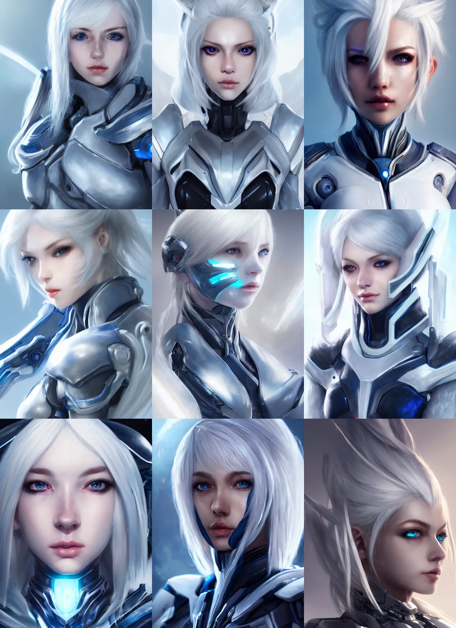 Image similar to detailed portrait of perfect white haired girl, android, warframe armor, beautiful, pretty face, blue cyborg eyes, innocent, scifi, 4 k, sun yunjoo, ultra realistic, aura of light, cinematic lighting, highly detailed, sharp focus, artstation, masterpiece, art by hyungjin yang